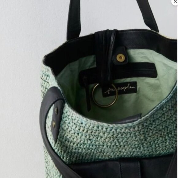 Free People En Riva Raffia + Leather Hand Crafted Tote Bag Moss Green - Picture 2 of 4